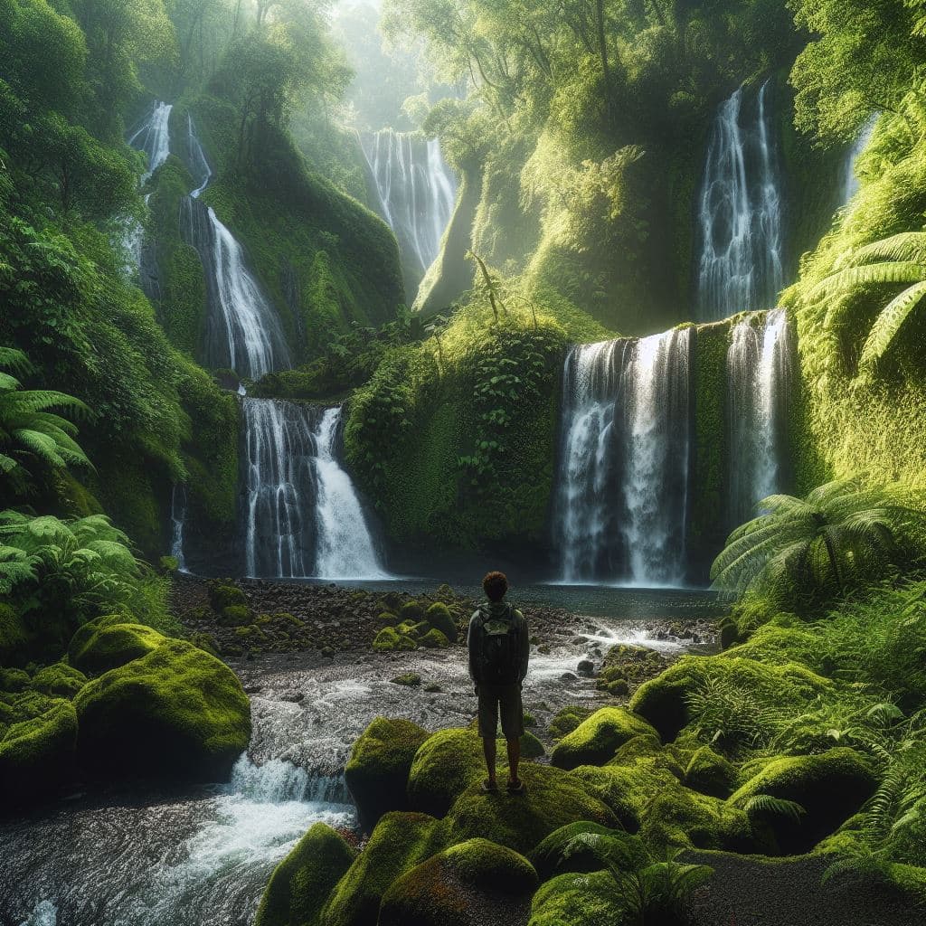 A person standing at the edge of a forest pool beneath twin waterfalls