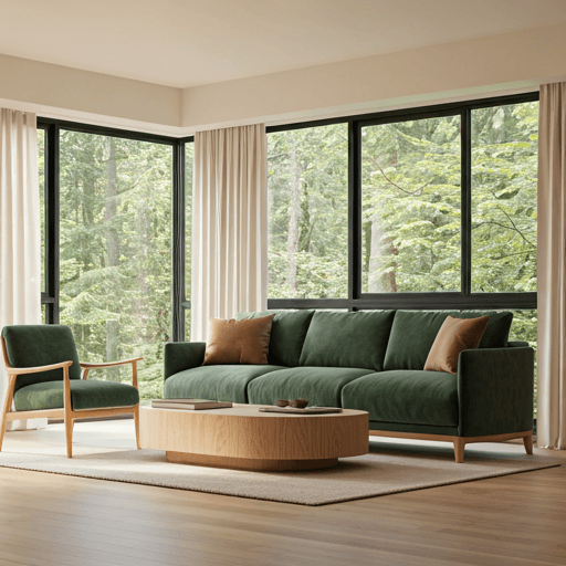A serene sun-drenched living room overlooking a lush forest