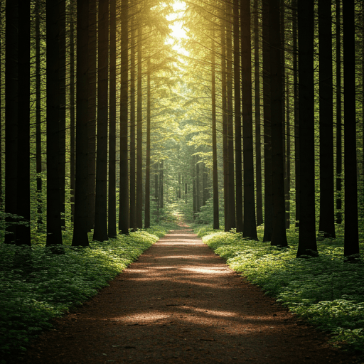 A peaceful forest path dappled with morning sunlight