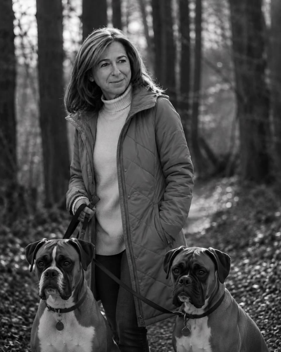 Portrait of Bobbie Horne walking two boxers along a forest path